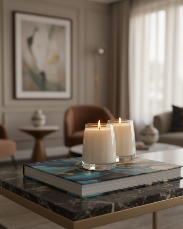 Mayowa Samuel Aromatherapy candles on a marble coffee table in a modern interior setting with a soft-focus background of a stylish lounge area.