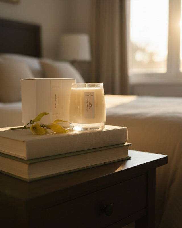 Mayowa Samuel "Floral Corridors" scented candle on a bedside table, featuring notes of ylang-ylang and lime. The candle sits on linen books next to a yellow flower, captured in warm, golden bedroom lighting.