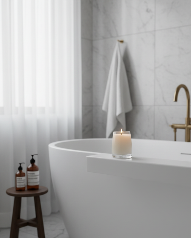 A luxury scented candle from Mayowa Samuel placed on a white freestanding bathtub in a modern marble bathroom for a spa-like self-care routine.