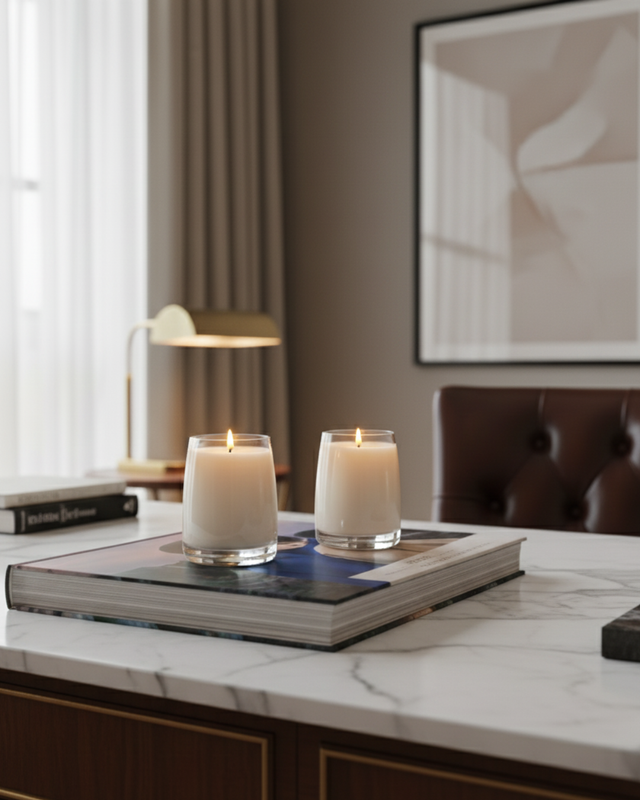 Mayowa Samuel minimalist white candles flickering on a marble desk, creating a calm workspace ambiance with leather seating and soft interior lighting in the background.