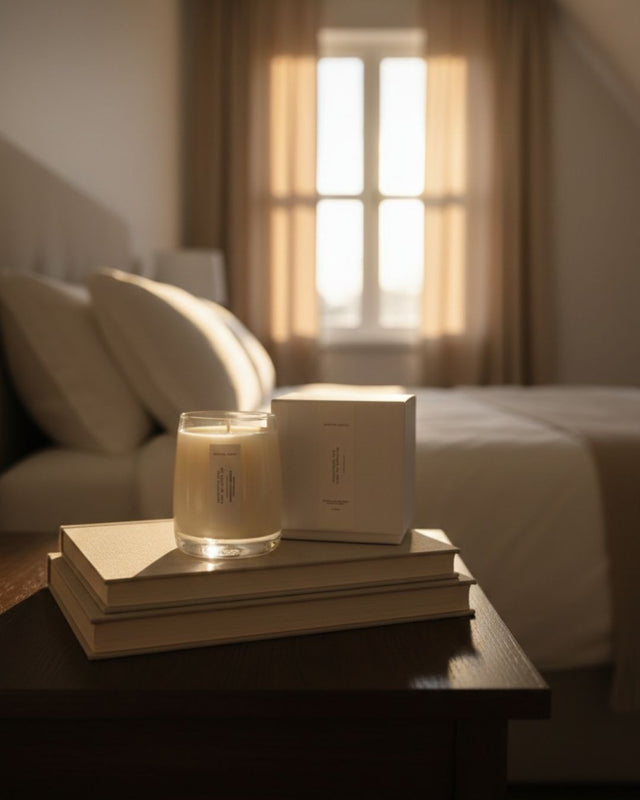 The "Something For Sade to Write To" candle and gift box by Mayowa Samuel. A sophisticated blend of sandalwood, lavender, ylang-ylang, and bergamot set in a tranquil bedroom scene.